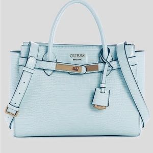 Guess Enisa High Society Satchel Crocodile Faux Leather Surf Baby Blue Bag